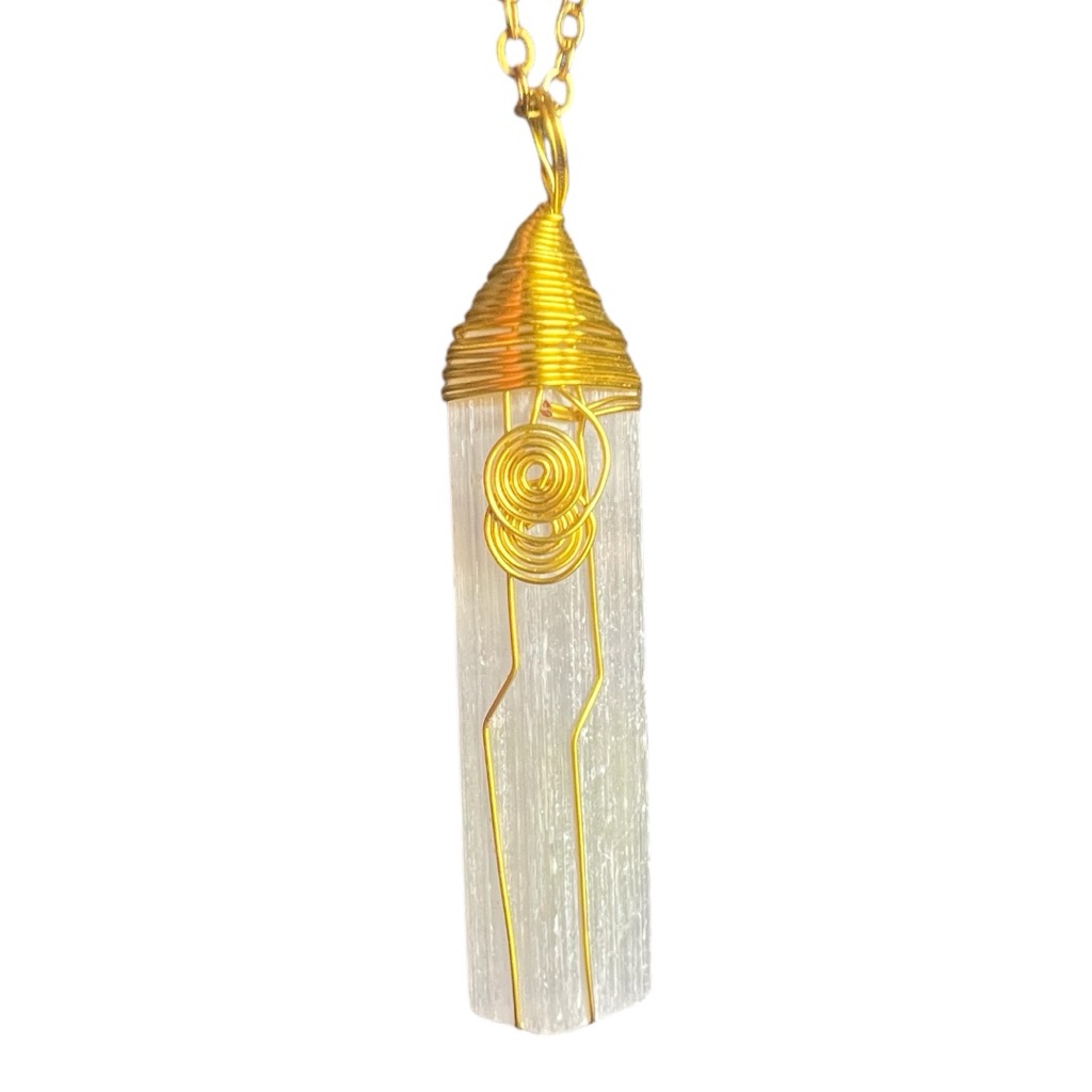 Gold Wire Wrapped Raw Gypsum Necklace